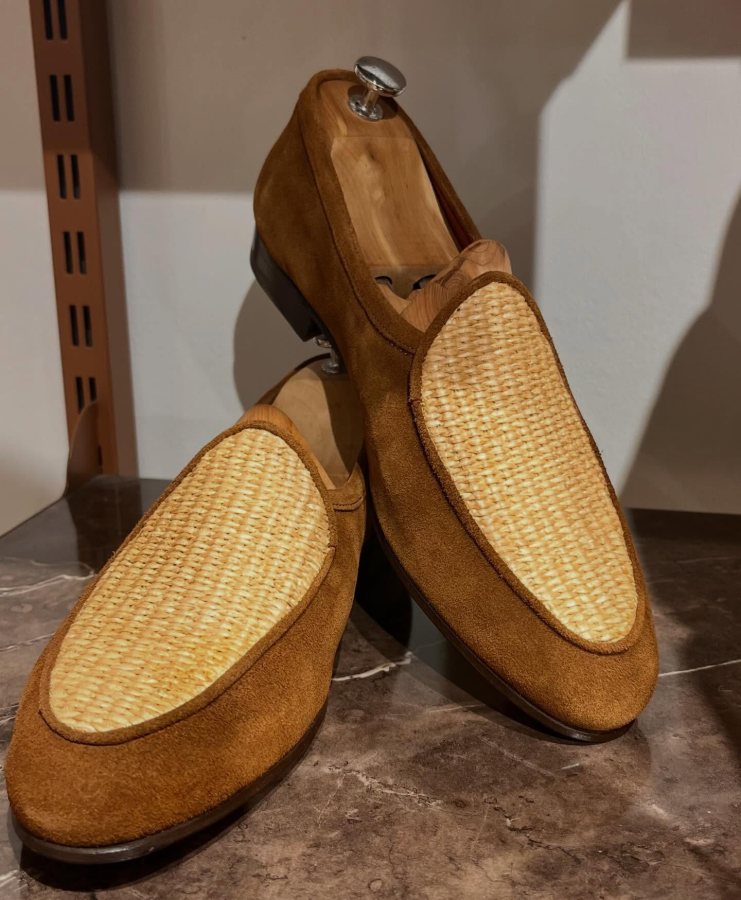 Mocassino in camoscio e rafia